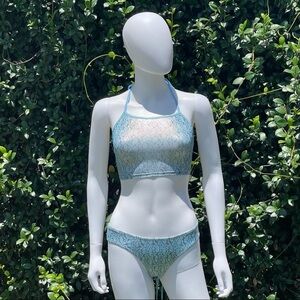 NWT CLUB Exx Dolls Kill Hypnotic Hype Blue Foiled Ruched Shorts and Top 2 Pc Set